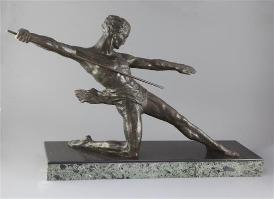 A French Art Deco bronze figure of a javelin thrower, width 30in. height 18in. depth 8in.